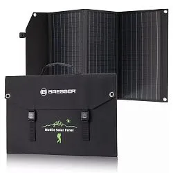 foto cargador solar móvil Bresser de 90 vatios con salida USB