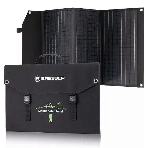 foto cargador solar móvil Bresser de 90 vatios con salida USB,  1