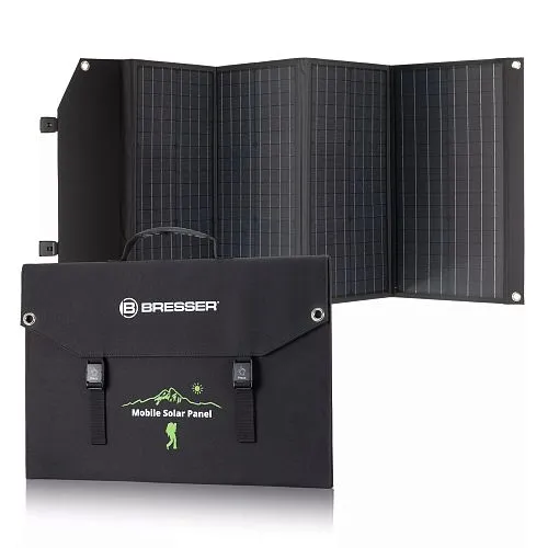 fotografía cargador solar móvil Bresser de 120 vatios con salida USB,  1