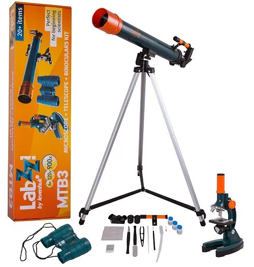 gráfico conjunto de microscopio, telescopio y prismáticos Levenhuk LabZZ MTB3