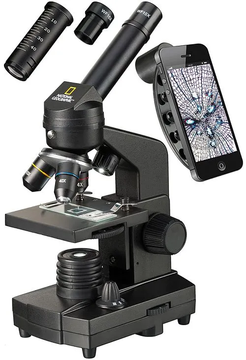 imagen microscopio Bresser National Geographic 40–1280x con soporte para smartphone,  1