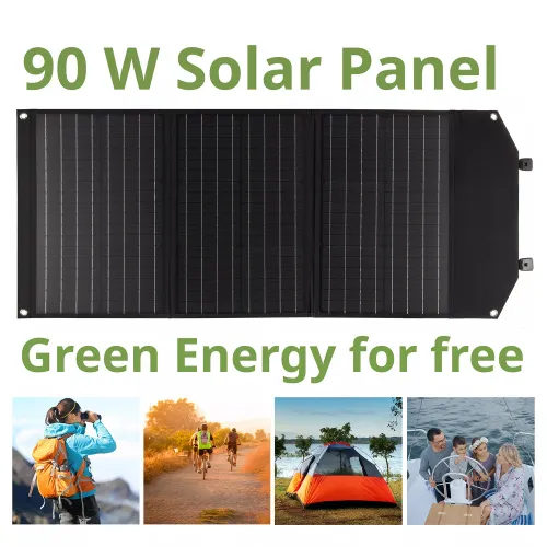 foto cargador solar móvil Bresser de 90 vatios con salida USB,  2