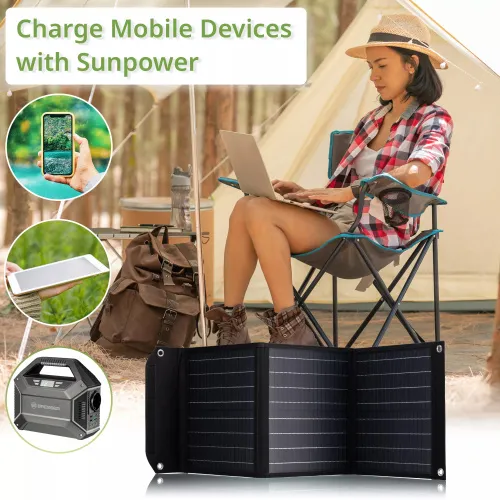 gráfico cargador solar móvil Bresser de 40 vatios con salida USB,  3