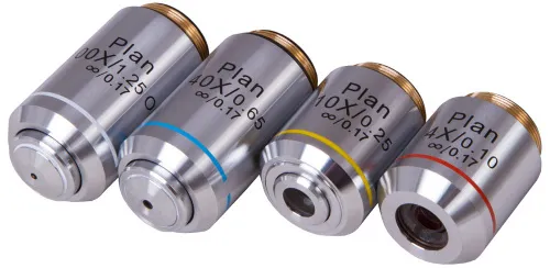 foto juego de objetivos Plan Levenhuk 1000, con aumentos de 4x, 10x, 40xs, 100xs (aceite),  2