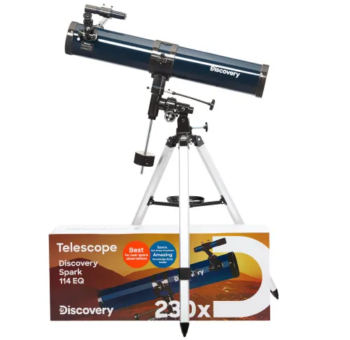 foto telescopio Levenhuk Discovery Spark 114 EQ con libro,  2