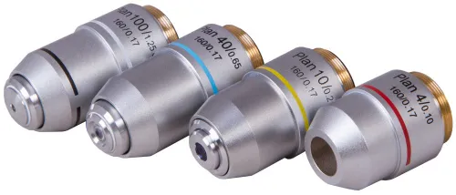 gráfico juego de objetivos Plan acromáticos Levenhuk MED 900, con aumentos de 4x, 10x, 40xs, 100xs (aceite),  2