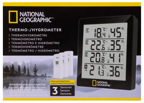 imagen termó-higrómetro Bresser National Geographic con 4 datos de medida independientes, negro,  11