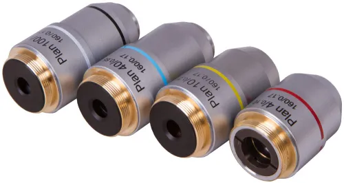 gráfico juego de objetivos Plan acromáticos Levenhuk MED 900, con aumentos de 4x, 10x, 40xs, 100xs (aceite),  3