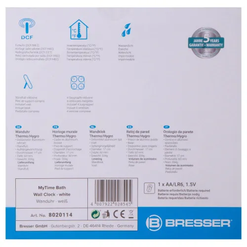 gráfico reloj de pared resistente al agua Bresser MyTime Bath, blanco,  8