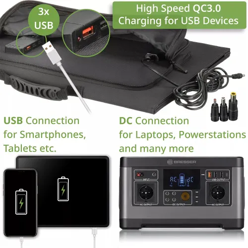 foto cargador solar móvil Bresser de 90 vatios con salida USB,  7