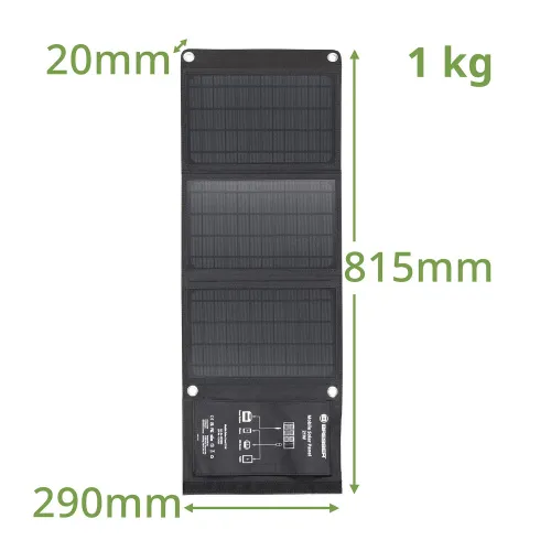 imagen cargador solar móvil Bresser de 21 vatios con salida USB,  5