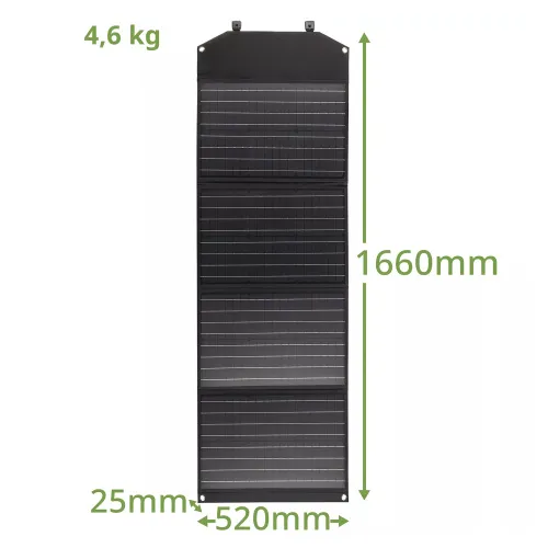 fotografía cargador solar móvil Bresser de 120 vatios con salida USB,  5