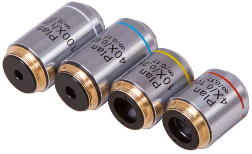 foto juego de objetivos Plan Levenhuk 1000, con aumentos de 4x, 10x, 40xs, 100xs (aceite),  3