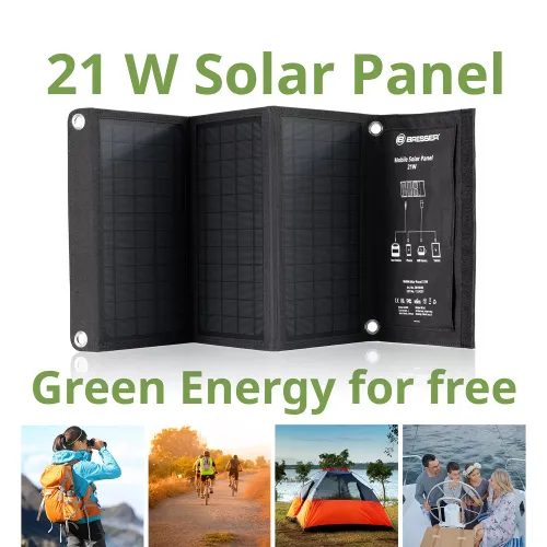 imagen cargador solar móvil Bresser de 21 vatios con salida USB,  2