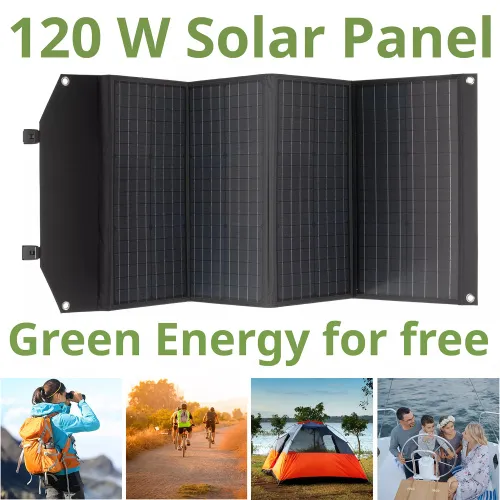 fotografía cargador solar móvil Bresser de 120 vatios con salida USB,  2